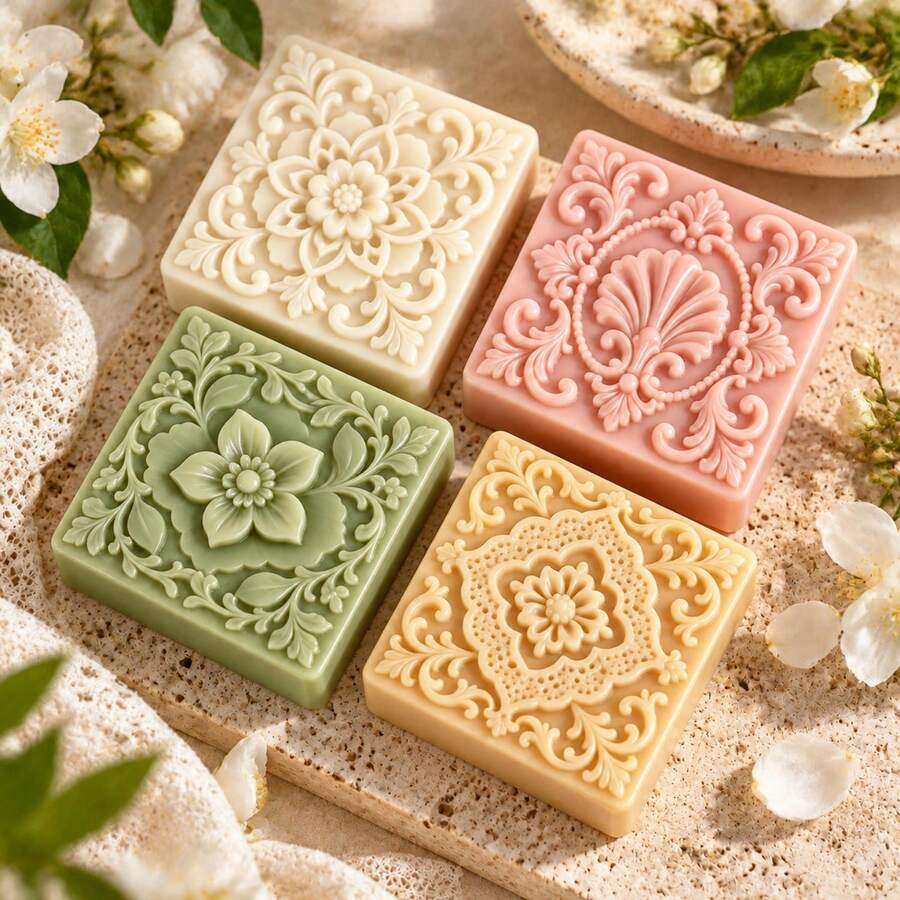 French Lace Flower Embossed Silicone Soap Mold, European Style Square Manual Soap Making Mold, Reusable & Easy To Demold - Transparent White - View 1