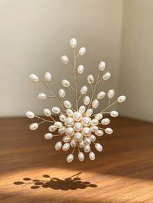 1pc Luxury Style 3D Floral Branch Pearl Brooch, Gold Metal Wire Handmade Pearl Accessory, Banquet Dress Daily Decoration Pin - Multicolor - View 7