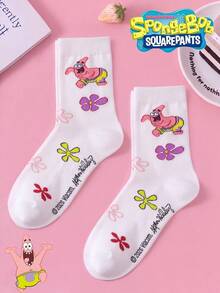 SpongeBob SquarePants 3/1 Pasang Kaos Kaki Wanita SquarePants, Kaos Kaki Setengah Betis Motif Bunga Warna-warni, Menarik, Musim Gugur/Dingin - MultiWarna - View 2
