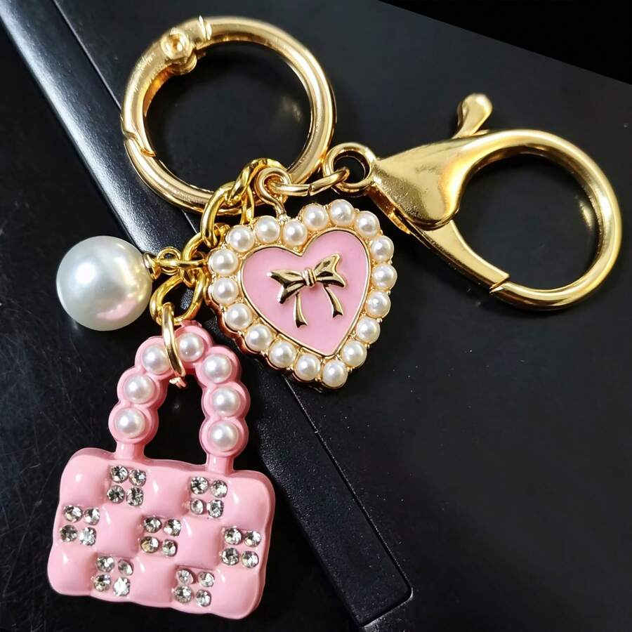 Faux Pearl Pink Handbag Shaped Keychain, Cute Bag Charm Pendant, Girly Gift, Best Friend Birthday Gift