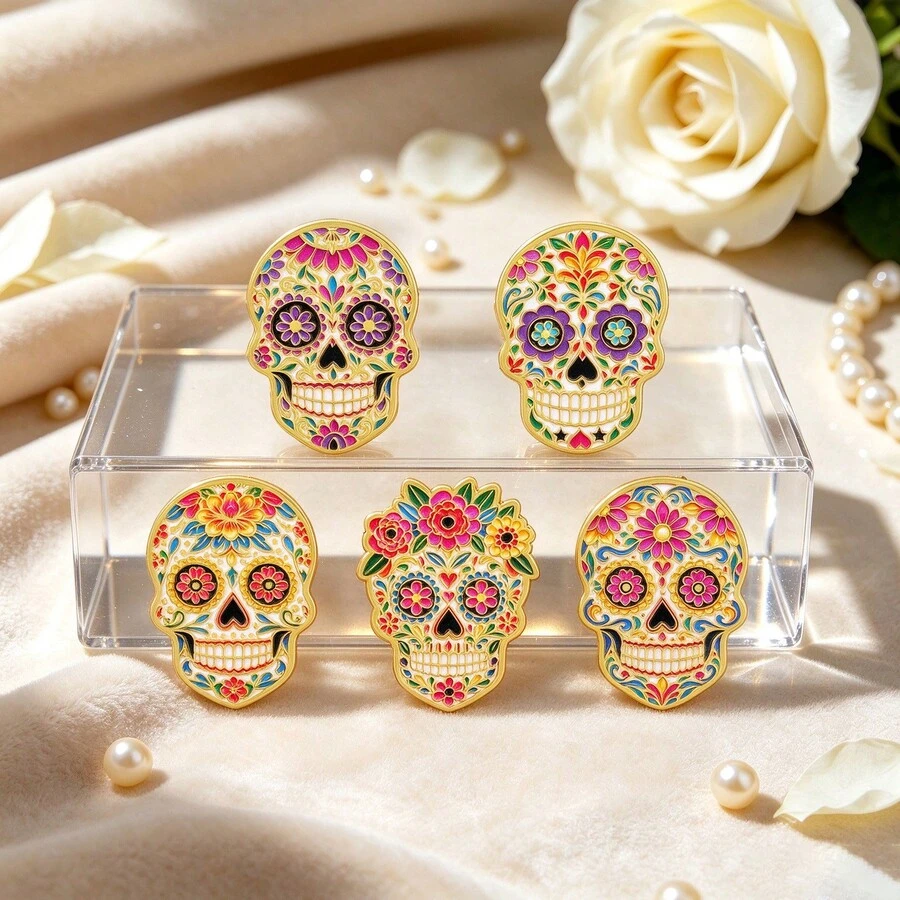 Sugar Skull Enamel Pins Set, Mexican Day Of The Dead Floral Skull Brooches, Cute Metal Lapel Pins For Backpack Hat Jacket, Halloween Gift For Friends