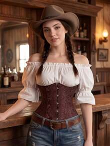 Women's Corset Renaissance Halloween Costume With Boning Support, Front Hook, Back Lace-Up, Plus Size, Wide Pirate Belt, Gothic Victorian Style - Brown - View 8