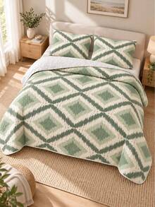3pcs Sage Green & Cream Pattern Quilted Bedding Set (1 Bedspread, 2 Pillowcases, Pillow Inserts Not Included) Breathable Comfortable All-Season Holiday Gift Suitable For Hotel, Guest House, Bedroom, Ultra Soft Breathable Sweat-Absorbent Bedding - Multicolor - View 5