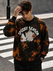 Zrgoth Halloween Tie-Dye Crew Neck Sweatshirt Ghost Pumpkin Spooky Season Print Loose Fit Men's Pullover - Black - View 1