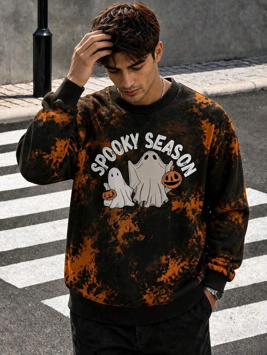Zrgoth Halloween Tie-Dye Crew Neck Sweatshirt Ghost Pumpkin Spooky Season Print Loose Fit Men's Pullover - Black - View 1