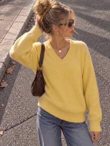 Women's Yellow Ribbed Knit Sweater, V Neck Long Sleeve Pullover, Soft Casual Fall Winter Minimalist Jumper, Cozy Going Out Back To School Outfit - Yellow - View 4