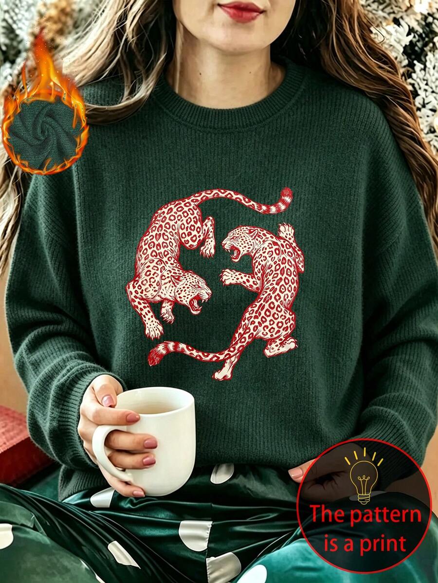 Plus-Size Women's Knitted Faux Sweater With Two Leopard Prints, Casual And Simple, Autumn And Winter Top, Suitable For Everyday Wear. - Dark Green - View 1