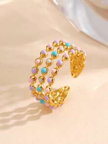 1pc 18K Gold Plated Stainless Steel Round Bead Oil Drop Open Ring, Suitable For Women's Daily Wear - Multicolor - View 4