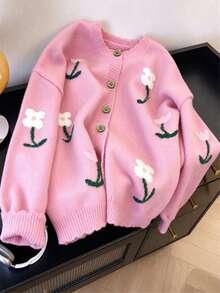 女款優雅花卉刺繡針織開襟衫，適合秋冬日常、戶外、休閒與居家穿著 - 粉色 - 查看 7
