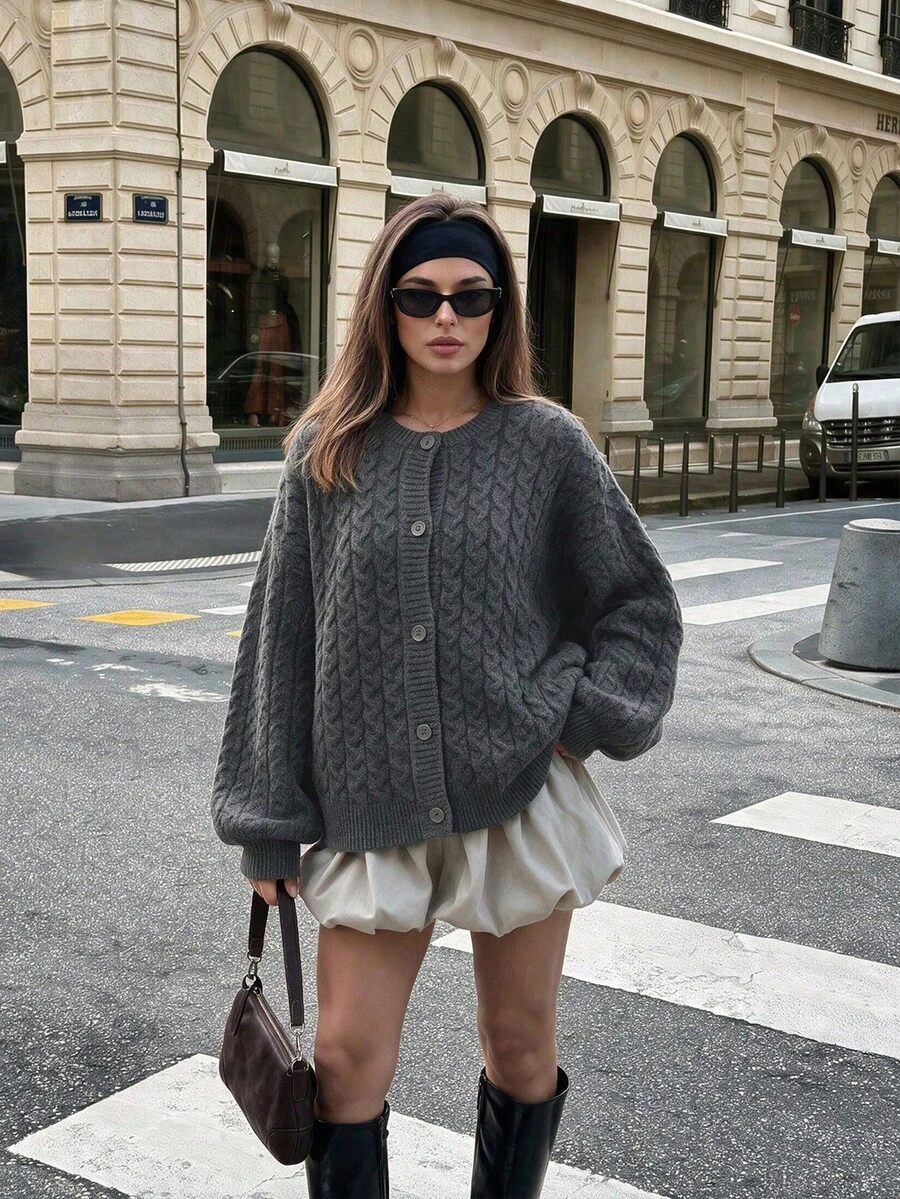 NOVELLE Women's Vintage Dark Gray Cable Knit Cardigan, Front Button Loose Lantern Sleeve, Suitable For Autumn/Winter Outings, CommutingAnd Gatherings - Dark Grey - View 1