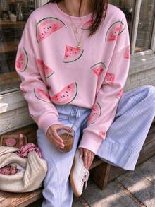 Women's Round Neck Long Sleeve Printed Sweatshirt, Regular Length Ribbed Knit Pullover, Suitable For Daily Wear - Multicolor - View 1