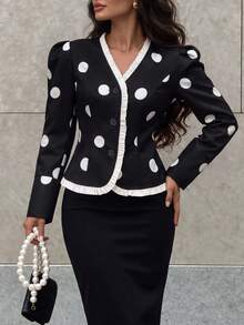 minisummer Women's Polka Dot Short Jacket, V-Neck Ruffle Trim Petal Sleeve Single-Breasted Sweet Autumn Short Coat - Black and White - View 9