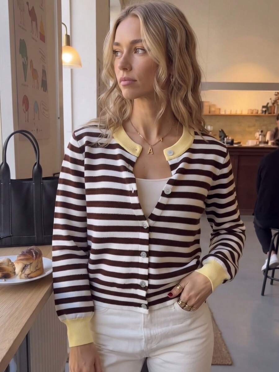 Women's Brown & White Striped Colorblock Knit Cardigan, French Vintage Style Loose Fit Jacket For Spring & Autumn, Suitable For Daily Commute & Casual Wear - Black and White - View 1