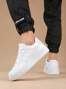 Unisex Thick Sole White Sneakers, Street Style Lace-Up Casual Shoes - White - View 5