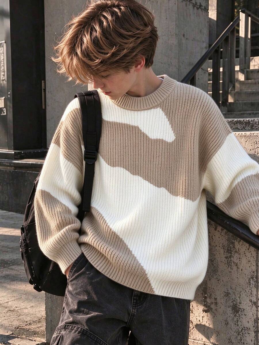 Teenager Asymmetrical Color Block Sweater, Drop Shoulder Loose Fit, Minimalist Color Scheme, Winter Boys Sweater, Streetwear - Multicolor - View 1