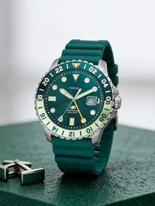 Fossil FS5992 Men Dive‑Style Quartz Watch,42mm Silver‑Tone Stainless‑Steel Case,Teal Silicone Strap,Green Rotating Bezel Dial,10ATM Water Resistant - Silver - View 1
