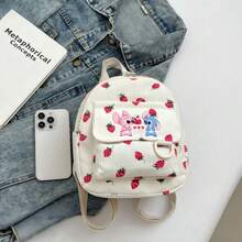 Disney Cute Stitch & Angel Strawberry Print Mini Backpack, Soft Girl Style Front Pocket Corduroy Small Backpack, Lightweight Cartoon Casual Carry Bag For Daily Outings, Suitable For Daily Walks, Picnics, Short Trips, Excellent Gift For Cartoon Lovers - A - View 5