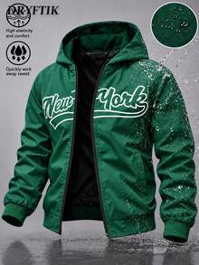 Men's American Vintage Hooded Jacket, Street Sports Casual Commute Versatile Style, New York/Brooklyn Print Design On Front And Back, Smooth Zipper Closure, Elastic Cuffs And Hem - Green - View 1