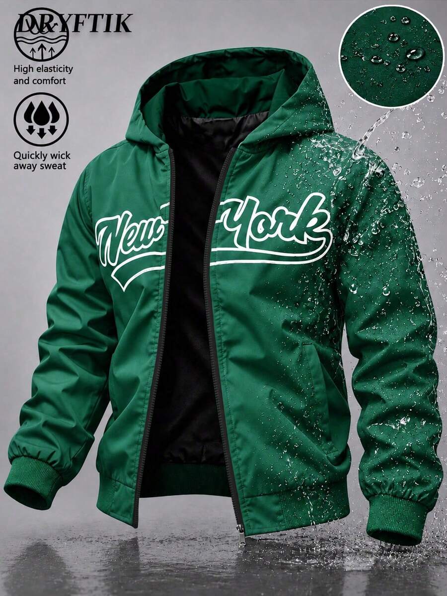 Men's American Vintage Hooded Jacket, Street Sports Casual Commute Versatile Style, New York/Brooklyn Print Design On Front And Back, Smooth Zipper Closure, Elastic Cuffs And Hem - Green - View 1