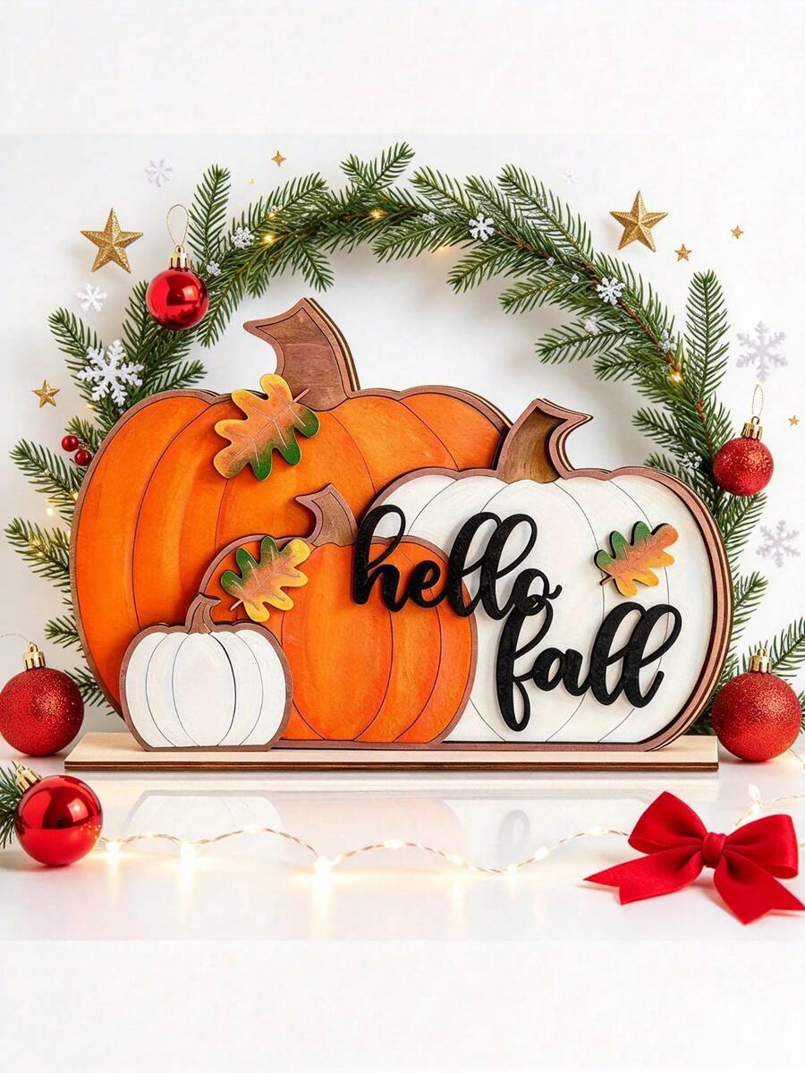 1pc "Hello Autumn" Wooden 2D Flat Desktop Christmas Decoration, Pumpkin Wooden 2D Desktop Ornament, Farmhouse Harvest Symbol, Decorated With Autumn Leaves And Berries, Suitable For Desktop Decor, Party Decor, Halloween Decor, Christmas Decor - Multicolor - View 1