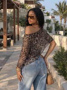 HOTTIE HABIT Leopard Print Semi-Sheer Mesh Swimwear Cover-Up, Women's Asymmetric Cold Shoulder Beach Shawl, Lightweight Flowy Summer Pool Wrap - Multicolor - View 4