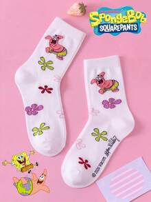 SpongeBob SquarePants 3/1 Pasang Kaos Kaki Wanita SquarePants, Kaos Kaki Setengah Betis Motif Bunga Warna-warni, Menarik, Musim Gugur/Dingin - MultiWarna - View 6