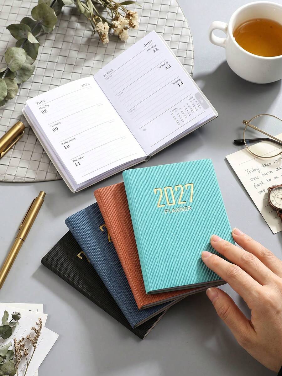1pc 2027 A7 Pocket Planner, Textured PU Cover Weekly Planner, 128 Pages English Schedule Notebook, Portable Mini Pocket Diary, Time Management Planning Book, New Year And Christmas Office School Gift - Multicolor - View 1