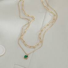 Nooxian 2pcs Fashion Minimalist Collarbone Necklace Multi-Layer Stackable Geometric Square Copper Micro-Inlaid Sparkling Zirconia Pendant Necklace For Women (Chain Link Count Random) - Yellow Gold - View 2