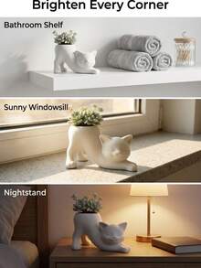 1pc Cute Cat Planter, Matte White Ceramic Animal Flower Pot, Suitable For Indoor Cactus Bonsai, Expandable Cat Planter, Perfect For Office Bedroom Windowsill, Home Garden Decor, Charming Gift For Cat Lovers And Essential Christmas Home Decoration - Multiple Styles - View 2