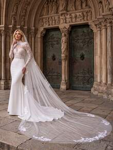 1PC Long Train Floral Embroidery Bridal Veil With Comb, White Tulle Veil For Church Wedding Gown Accessory - Multicolor - View 2