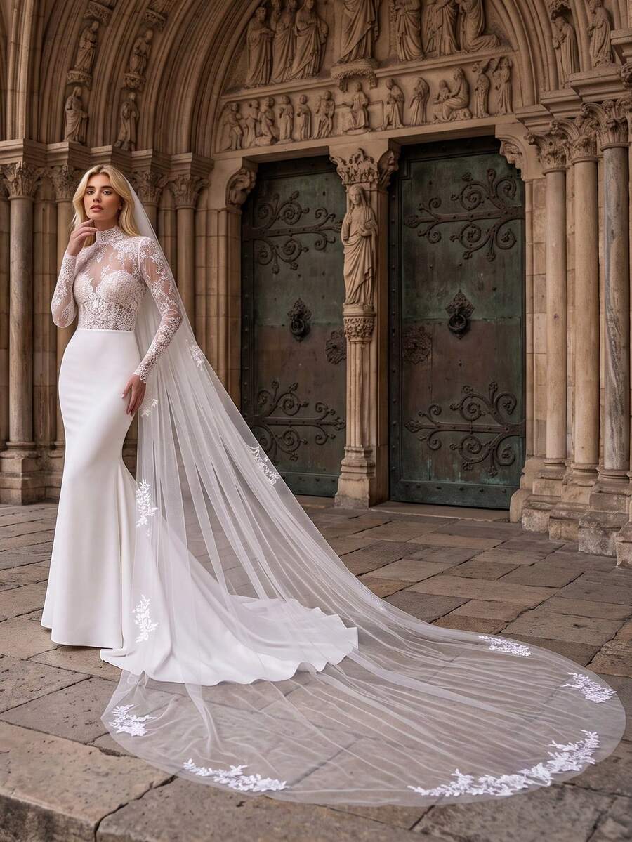 1PC Long Train Floral Embroidery Bridal Veil With Comb, White Tulle Veil For Church Wedding Gown Accessory
