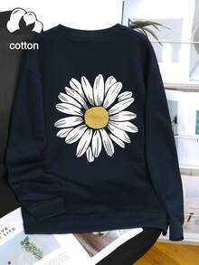 Women's Long Sleeve Crew Neck Sweatshirt, White Daisy Print, Casual Top - Navy Blue - View 2