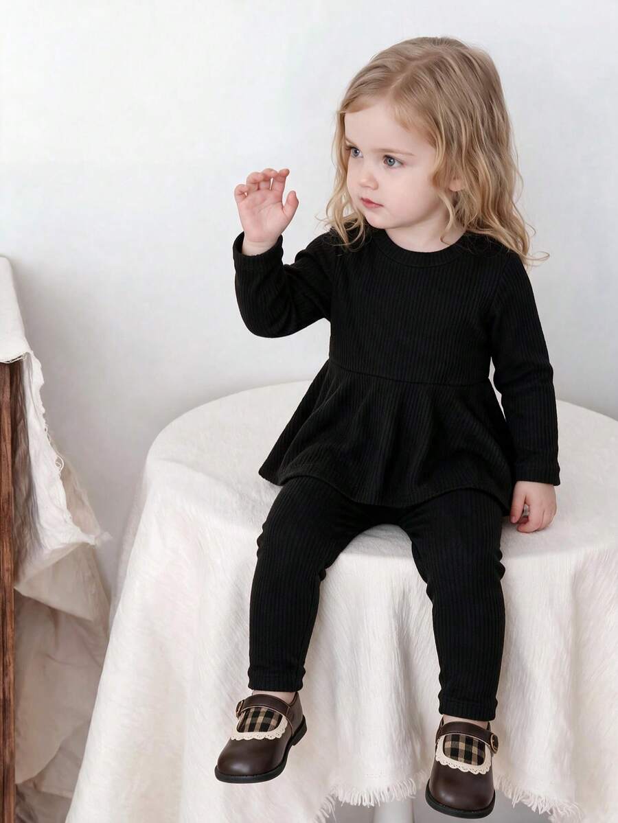 2pcs Baby Girl Minimalist Casual Solid Color Round Neck Ruffle Hem Long Sleeve Top And Slim Fit Long Pants Set, Spring/Autumn - Black - View 1