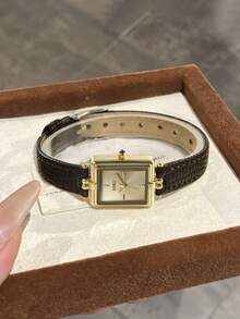 1pc Vintage Quartz Watch, Daily Wear, PU Leather Strap, Square Dial, Business Casual Minimalist Style Compact Watch, Gift Selection - Brown - View 4