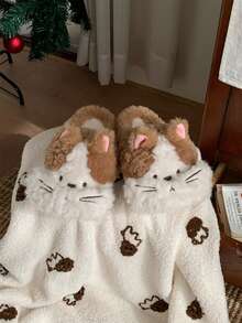 XIXITIAO Color Block Cute Kitten Fuzzy Slippers For Women, Warm Winter Plush House Maternity Shoes, Cozy Indoor Home Slippers - Brown - View 3