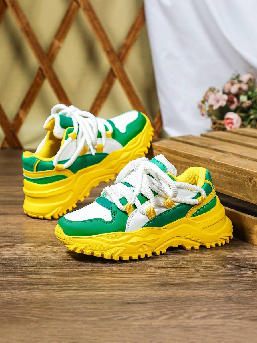 White & Green Men's Fashion Chunky Lace-Up Platform Casual Sneakers, High Street Athleisure Style, Multi Colors For Rush