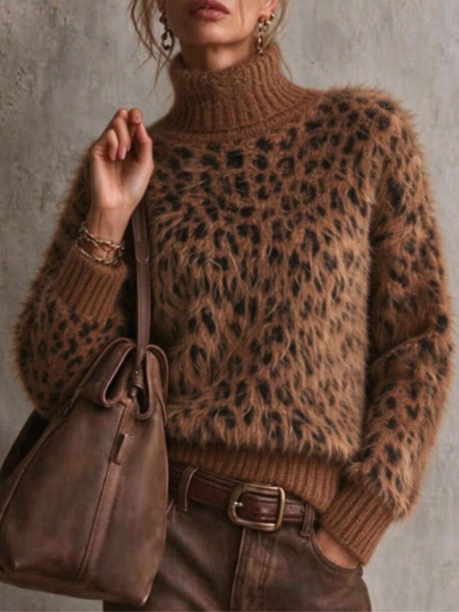 Vintage Leopard Print Jacquard High Neck Fuzzy Sweater Women Autumn/Winter Slouchy Soft Knit Pullover - Brown - View 1