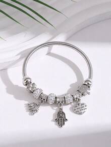 1pc Rhinestone, Terracotta Clay, Clock Charm, Four Leaf Clover Charm, Heart & Elephant Charm Beaded Elastic Stainless Steel Bracelet With Charms For Women, Fashion Jewelry, Dating Gift Valentines - Multicolor - View 1