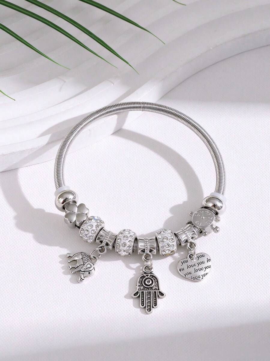 1pc Rhinestone, Terracotta Clay, Clock Charm, Four Leaf Clover Charm, Heart & Elephant Charm Beaded Elastic Stainless Steel Bracelet With Charms For Women, Fashion Jewelry, Dating Gift Valentines - Multicolor - View 1