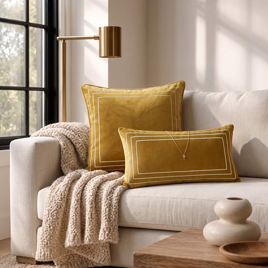 1pc Velvet Embroidered Piping Sofa Cushion Pillow Cover Without Insert - Yellow - View 1