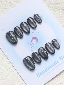 10PCS-Handmade Press On Nails, Short Almond Shape, Fake Nails, Fall Nails,Y2K Style, Sturdy, Reusable, Black, Paired With French Style, 3D Design, Suitable For Autumn,Winter,Daily Wear, Parties, Vacations, And Also The Best Holiday Gift For Women. - Black - View 2