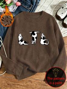 Plus-Size Women's Knitted Imitation Sweater, Abstract Cow Print, Casual And Comfortable, Round Neck Long Sleeves, Suitable For Autumn And Winter Wear. - Brown - View 1