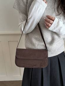Minimalist Women's Baguette Bag, Fashionable Versatile Solid Color Suede Shoulder Bag Underarm Bag - Coffee - View 4