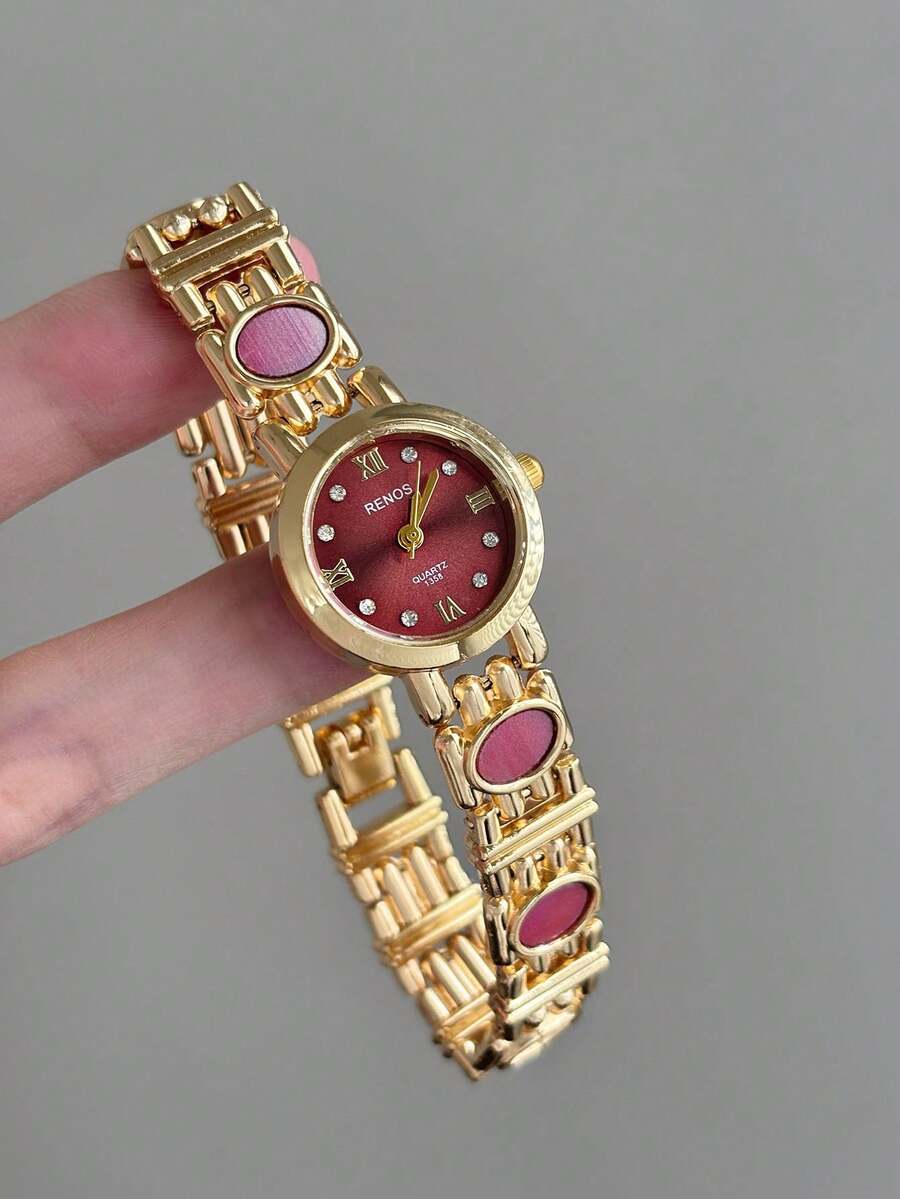 1件女款金色調手錶,深紅色圓形錶盤,混搭時標,適合日常配戴、派對與送禮 - 金色 - 查看 1