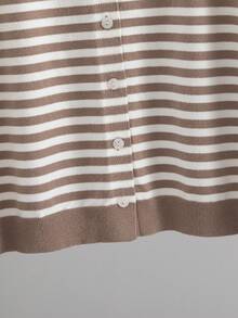 GIGOGOU Plus Size 1XL-4XL Summer/Autumn Basic Striped Button-Up Cardigan, Old Money Style Short Knit Top With 5-Inch Sleeves, Back To School Outfit Inspiration - Khaki - View 6