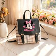 Disney Cute Minnie Mouse Print Plaid Patchwork Mini School Backpack, Sweet PU Leather Handbag, Adjustable Shoulder Strap Daily Casual Small Backpack, Flap Double Buckle, Vintage Gentle Style, Suitable For Shopping, Dating, Short Trips, Perfect For Various Sweet Casual Outfits, Heart-Stirring Gift Item - A - View 4