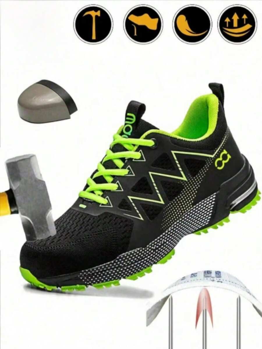 Fashion Men's Work Shoes, Steel Toe Safety Shoes, Sports Outdoor Shoes, Breathable Mesh Hiking Climbing Shoes, Lace-Up Fluorescent Green Work Boots, Essential For Industrial Construction Work, Suitable For Men In Spring, Summer, Autumn, Winter - Multicolor - View 1