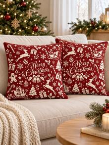 shangxia 2PCS--Christmas Pattern Allover Print Pillow Covers, Vintage Burgundy And Beige Reindeer Gingerbread Man Snowflake Full Print Pattern Living Room Sofa Holiday Decor Throw Pillow Covers--Pillow Insert Not Included - Multicolor - View 1