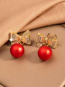 1 Pair Gentle Elegant Rhinestone Bow Red Ball Pendant Stud Earrings For Women - Multicolor - View 1