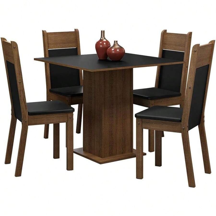 **Juego de Comedor Claire, Mesa Cuadrada de 90 x 90 con 4 Sillas, Juego de Comedor para 4 Personas, Mesa Pedestal de Madera, Sillas con Asiento Tapizado, Diseño Rústico Marrón y Negro, para Cocina y Comedor** - Negro - Ver 1